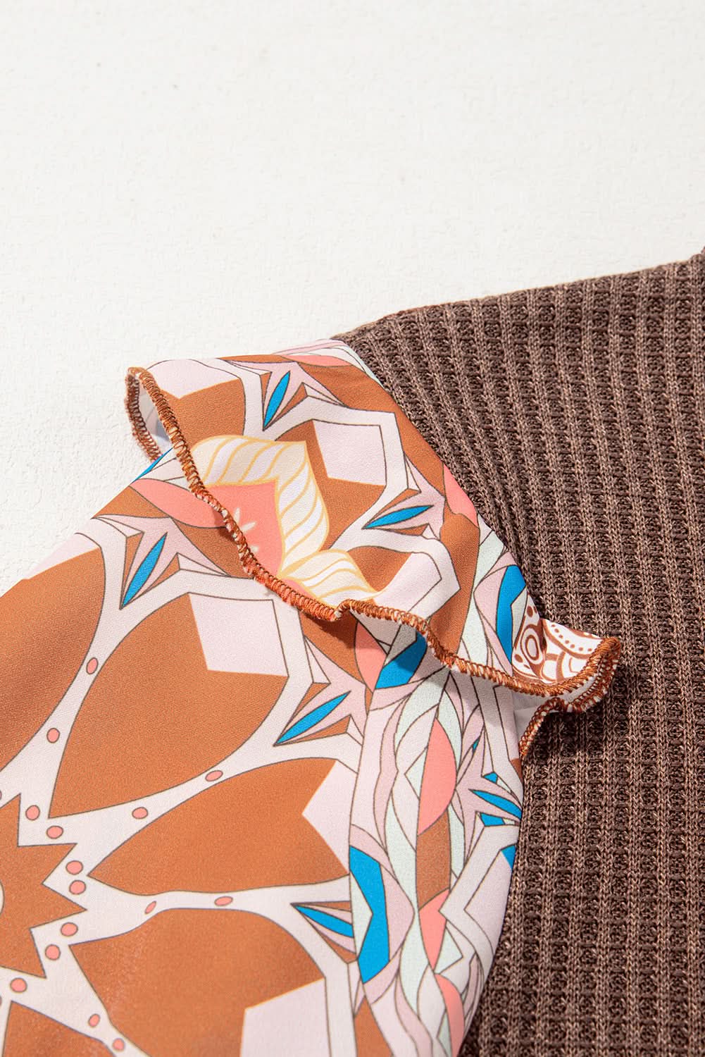 Coffee Ruffled Floral Sleeve Patchwork Waffle Knit O Neck Blouse - Love Salve